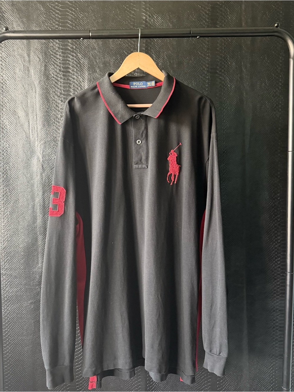 Polo Ralph Lauren Big Pony Long Sleeve Polo Shirt Black Red Colorblock Size 2XLT